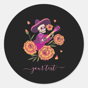 Funny Skeleton Playing Guitar Modern Trendy Text Classic Round Sticker