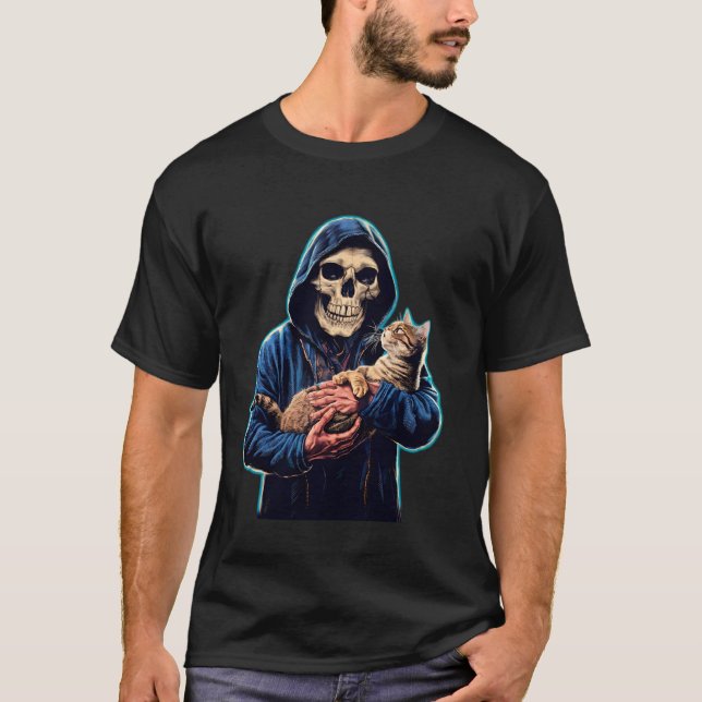 Funny Skeleton playing with a cat Graphic Skull Ca T-Shirt (Front)
