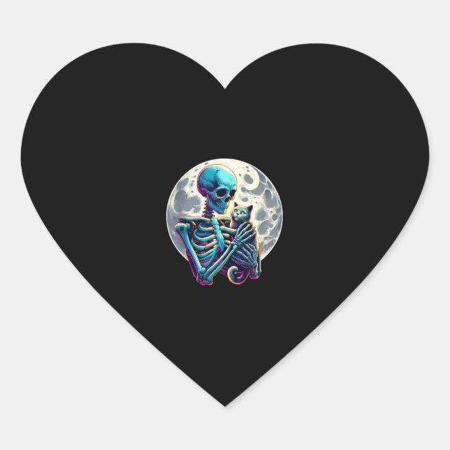 Funny Skeleton playing with A Cute Cat Skull Hallo Heart Sticker (Front)
