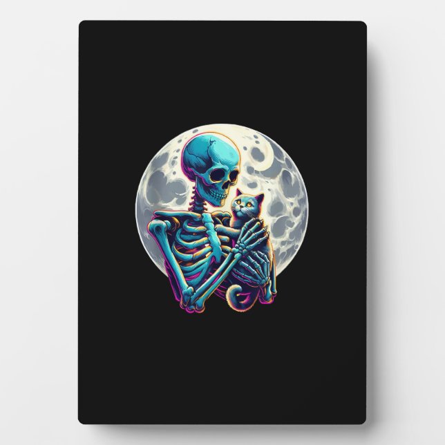 Funny Skeleton playing with A Cute Cat Skull Hallo Plaque (Front)