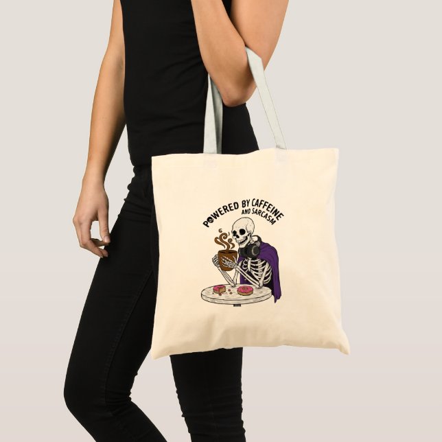 Funny Skeleton | Powered by Caffeine and Sarcasm Tote Bag (Front (Product))