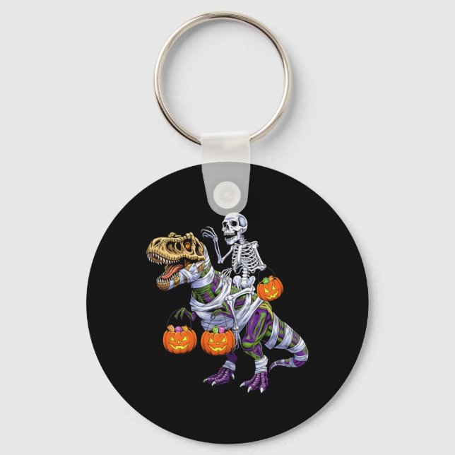 Funny Skeleton Riding Mummy Dinosaur T Rex Key Ring (Front)