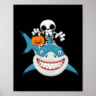 Funny Skeleton Riding Shark Jack O'lantern Pumpkin Poster