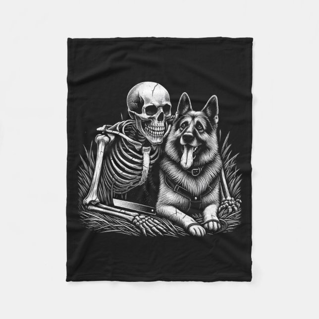 Funny Skeleton Skull With German Shepherd Dog Fleece Blanket (Front)