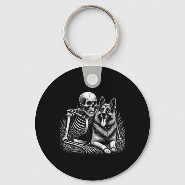 Funny Skeleton Skull With German Shepherd Dog Key Ring (Front)