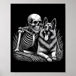 Funny Skeleton Skull With German Shepherd Dog Poster