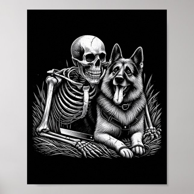 Funny Skeleton Skull With German Shepherd Dog Poster (Front)