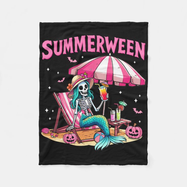 Funny Skeleton Summerween Mermaid Beach Halloween  Fleece Blanket (Front)