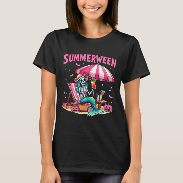 Funny Skeleton Summerween Mermaid Beach Halloween  T-Shirt (Front)