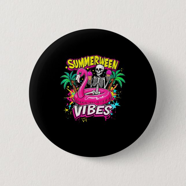 Funny Skeleton Summerween Vibes Flamingo Pool IceC 6 Cm Round Badge (Front)