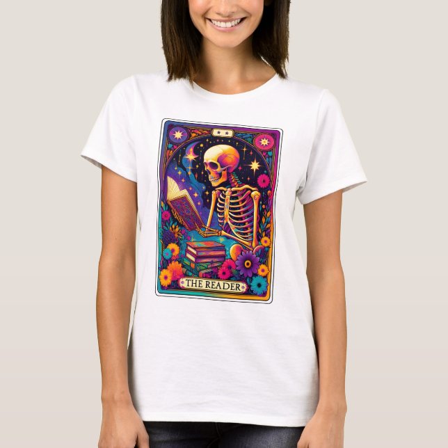 Funny Skeleton The Reader Tarot T-Shirt (Front)