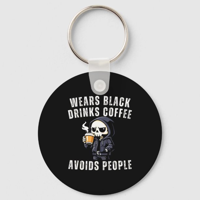 Funny skeleton wears black drinks coffee avoidsFun Key Ring (Front)