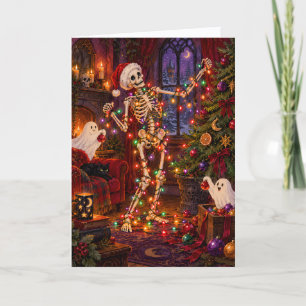 Funny Skeleton Wrapped in Christmas Light Creepmas Holiday Card