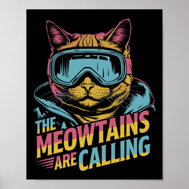 Funny Skiing Cat Gift Snowboarder Accessories Uni- Poster (Front)