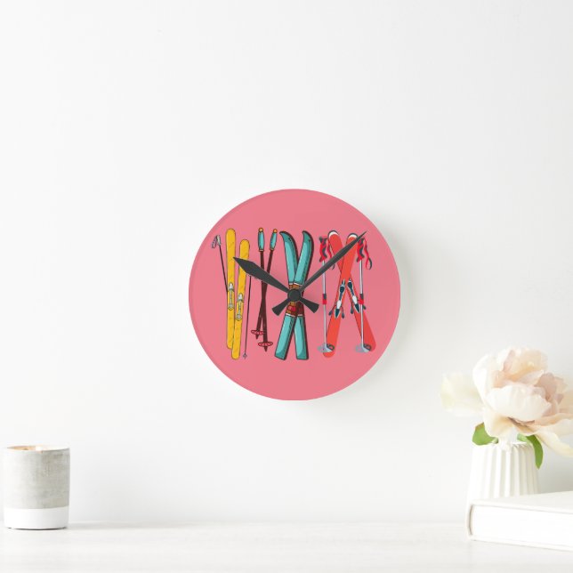 Funny Skiing Colourful Ski Skier  Round Clock (Home)