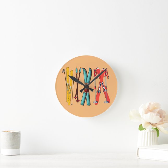 Funny Skiing Colourful Ski Skier  Round Clock (Home)