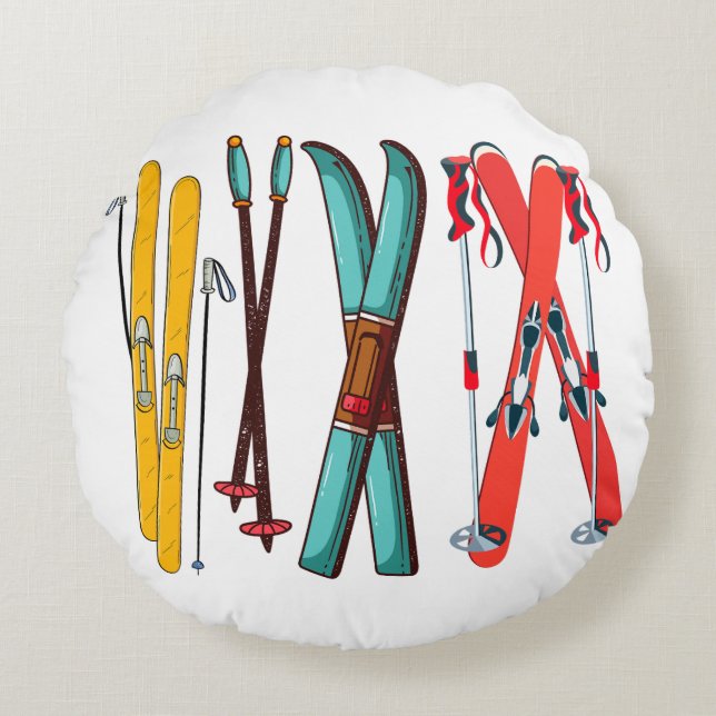 Funny Skiing Colourful Ski Skier  Round Cushion (Front)