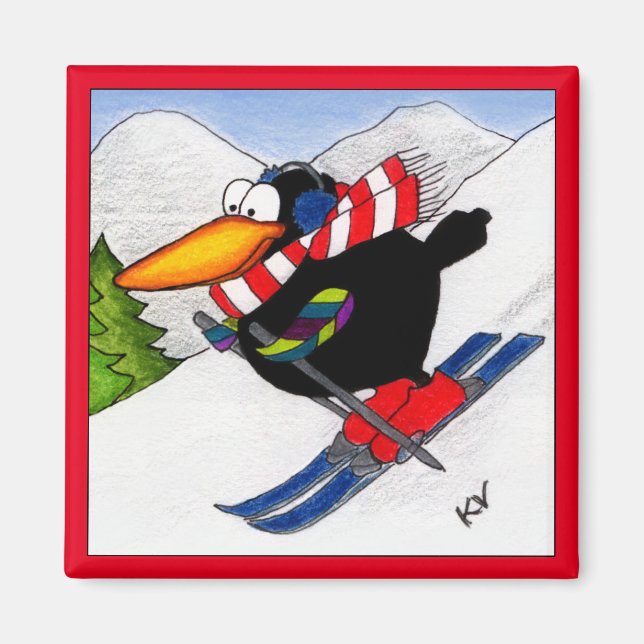 Funny skiing crow magnet (Front)