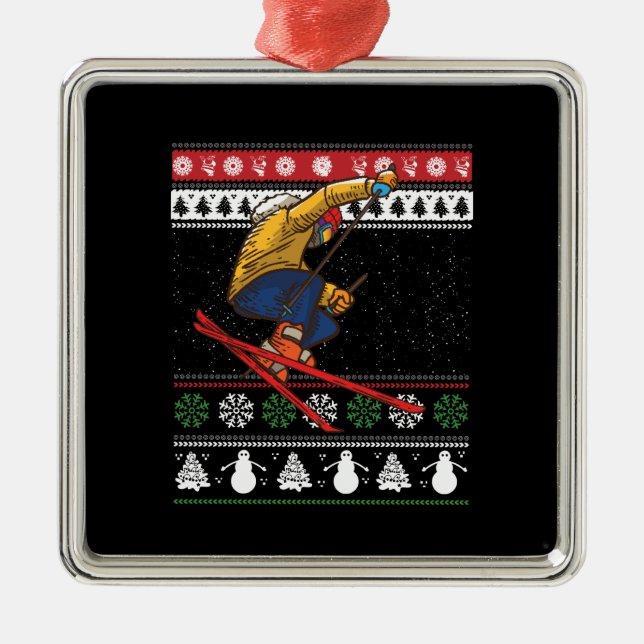 Funny Skiing Ugly Christmas Metal Tree Decoration (Front)