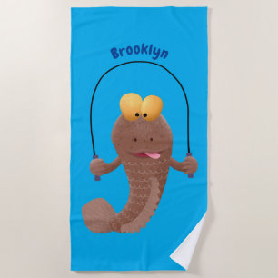 Funny skipping mudskipper fish cartoon beach towel