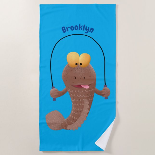 Funny skipping mudskipper fish cartoon   beach towel (Front)