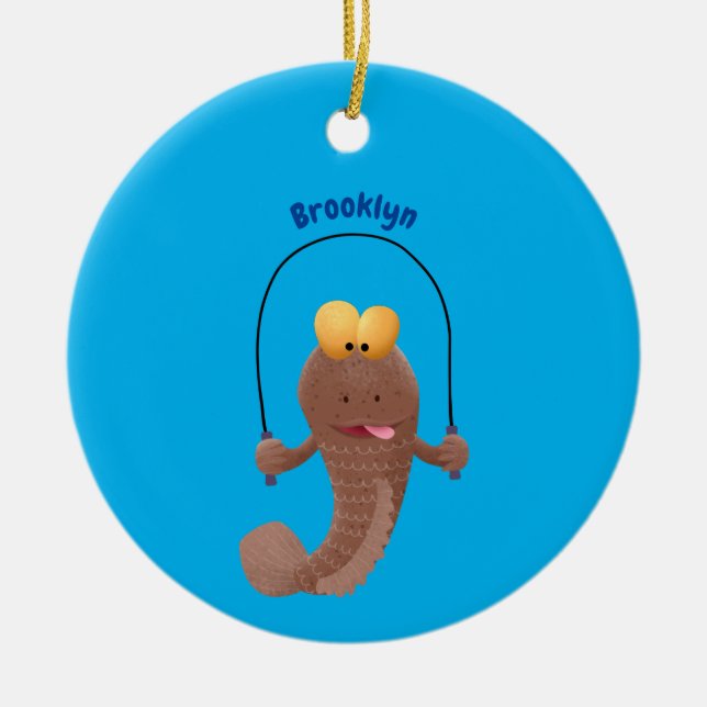 Funny skipping mudskipper fish cartoon  ceramic tree decoration (Front)