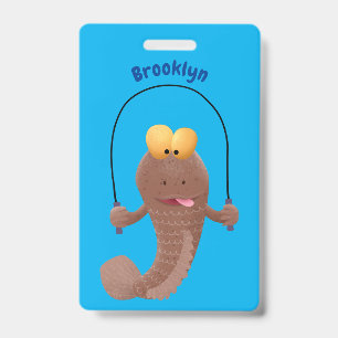 Funny skipping mudskipper fish cartoon ID badge