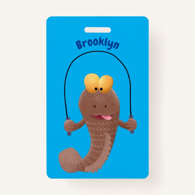 Funny skipping mudskipper fish cartoon ID badge (Front)