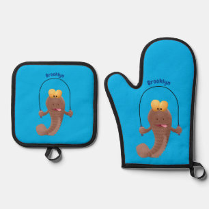Funny skipping mudskipper fish cartoon oven mitt & pot holder set