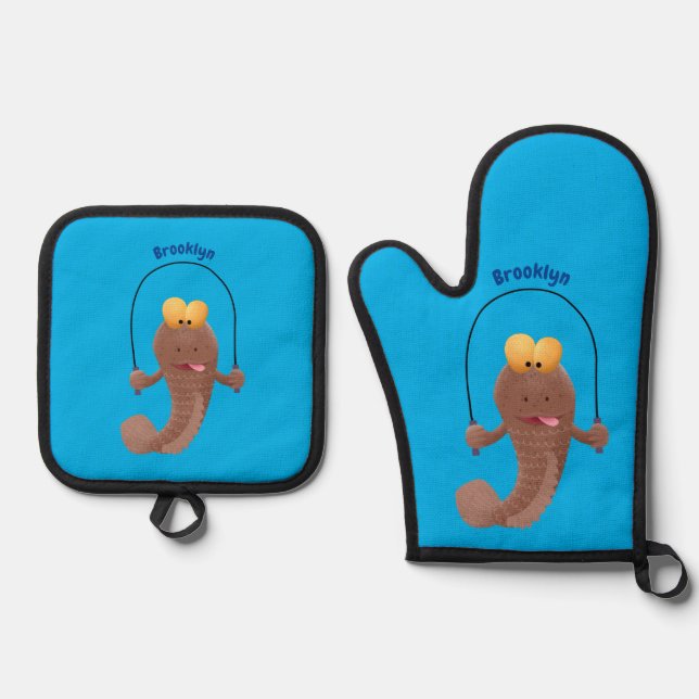 Funny skipping mudskipper fish cartoon oven mitt & pot holder set (Front)