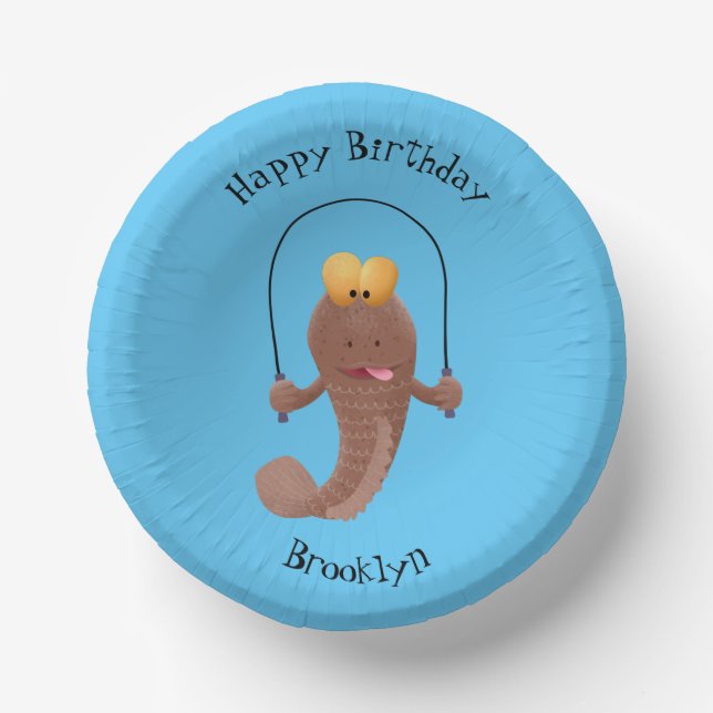 Funny skipping mudskipper fish cartoon paper plate (Front)