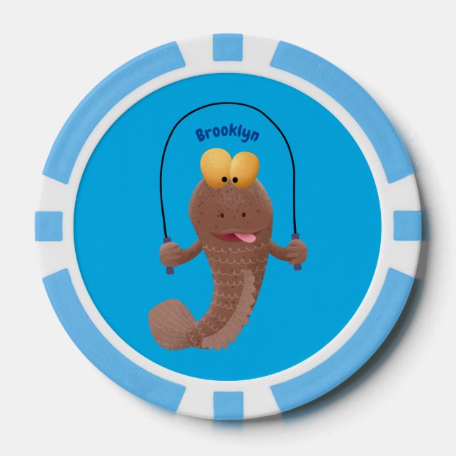 Funny skipping mudskipper fish cartoon  poker chips (Front)