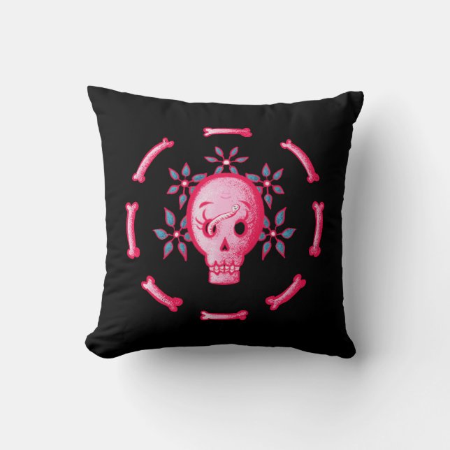 Funny Skull Design - Pink Skull with Happy Worm Cushion (Front)