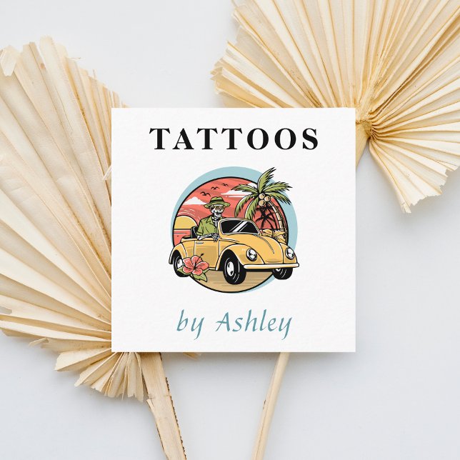 Funny Skull Illustration Tropical Exotic Tattoo Square Business Card (Creator Uploaded)