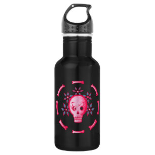 Funny Skull In Pink With Flowers And Bones 532 Ml Water Bottle