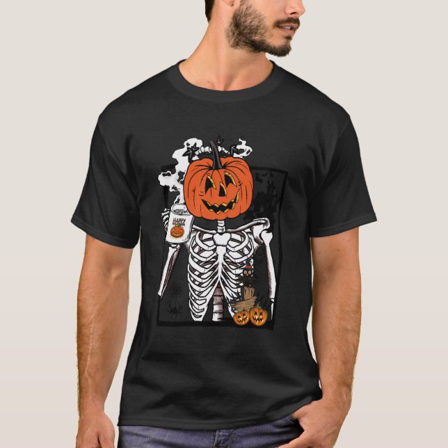 Funny Skull Skeleton Coffee Cups Retro Pumpkin Hal T-Shirt (Front)