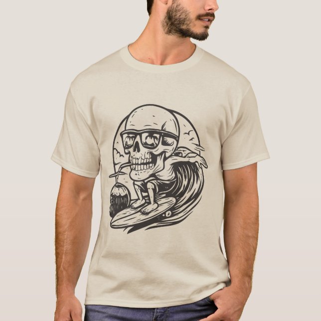 Funny Skull Surfing Drinking Coconut Summer Beach  T-Shirt (Front)