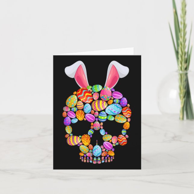 Funny Skull With Bunny Ears And Easter Eggs Easter Card (Front)
