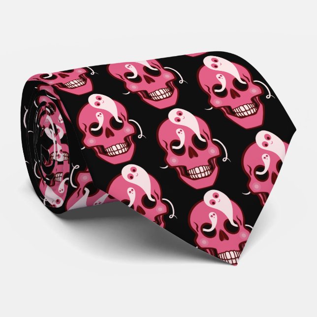 Funny Skull With Ghosts Halloween Tie (Rolled)