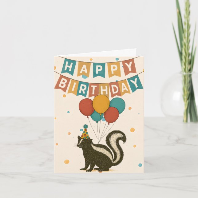 Funny Skunk Birthday Card – Balloons & Party Hat (Front)