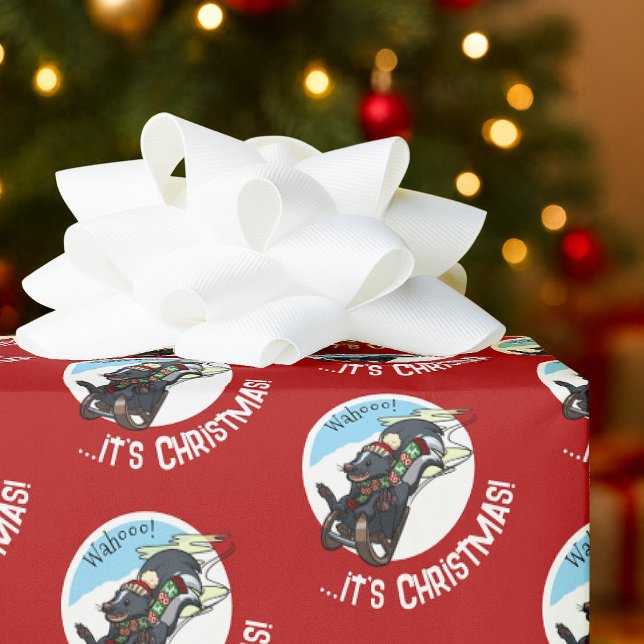 Funny Skunk On Sled Wahoo! It's Christmas! Cartoon Wrapping Paper (Creator Uploaded)