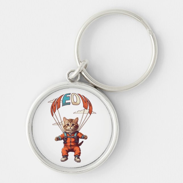 Funny Skydiving Cat Key Ring (Front)
