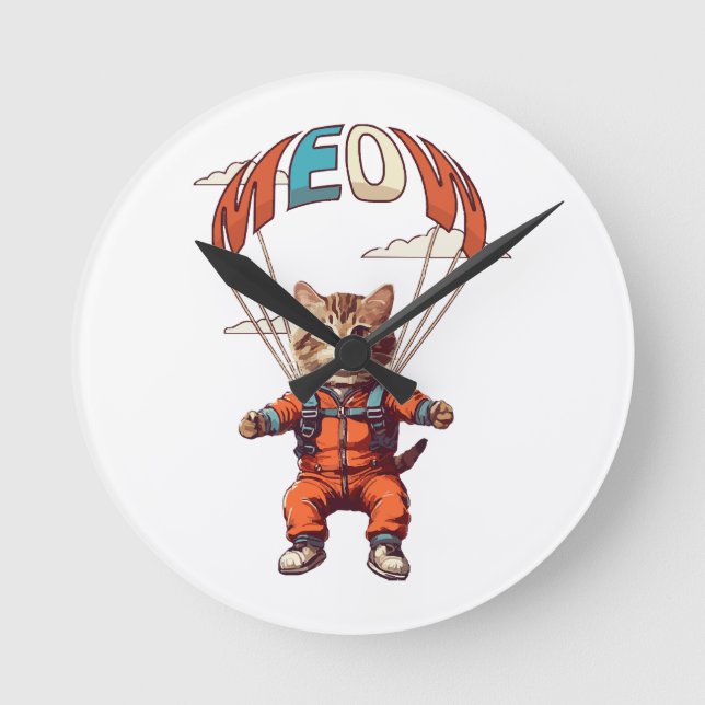 Funny Skydiving Cat Round Clock (Front)