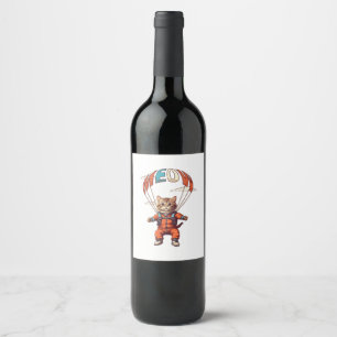 Funny Skydiving Cat Wine Label