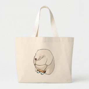 funny sledding chubby polar bear large tote bag