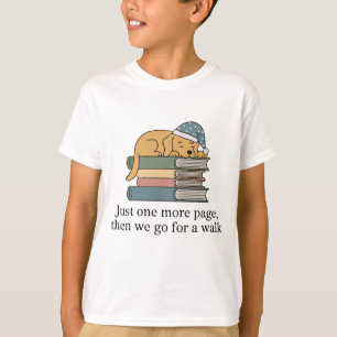  Funny Sleeping Dog on Books, "Just One More Page" T-Shirt