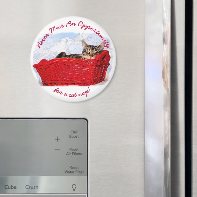 Funny Sleeping Kitten In Red Basket Custom Photo Magnet (In Situ (Fridge))