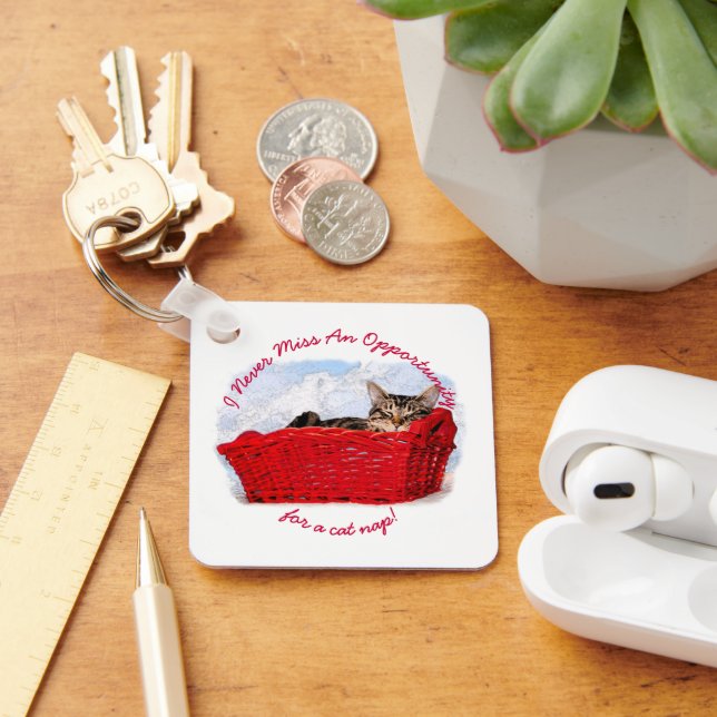 Funny Sleeping Kitten In Red Basket Photo Custom Key Ring (Desk)