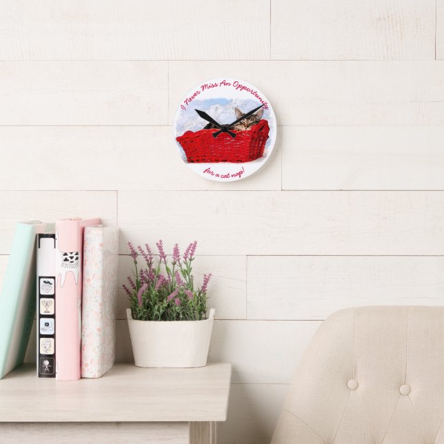 Funny Sleeping Kitten In Red Basket Photo Custom  Round Clock (Reading Room)