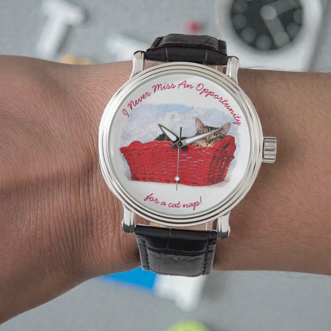 Funny Sleeping Kitten In Red Basket Photo Custom Watch (Cute kitten photo watch face)